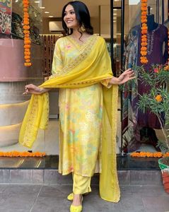 Yellow Embroidered Kurta Pant Set