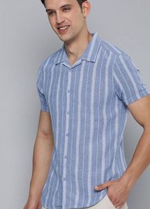 HERE&NOW Men Slim Fit Opaque Striped CubanCollar C
