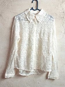 Trendy Partywear Lace Shirt Top Sheer Off-white