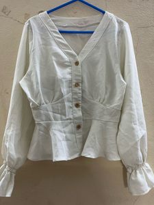 White Peplum Button-Down Top