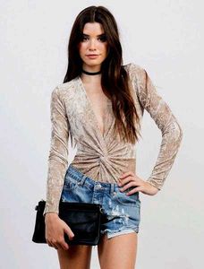 Champagne Plunging Neck Crushed Velvet Bodysuit