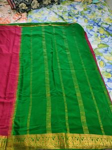 Maronish Red And Green Pure Crepe Silk Saree