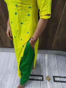 Yellow And Green Color Kurta Set Without Dupatta