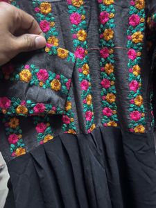 Side Cut Floral Embroidered Black Kurta