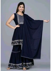 Elegant Navy Blue Embroidered Sharara Set