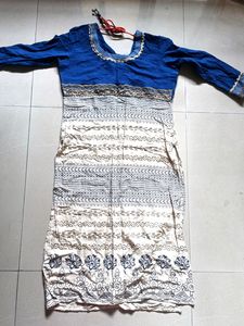 Dark Blue And Cream Cotton Kurti