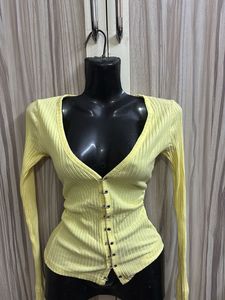 Lemon Ribbed Button Cardigan Top