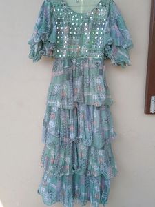 Green Floral Ruffle Sleeve Dress