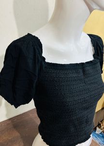 Black Smocked Crop Top
