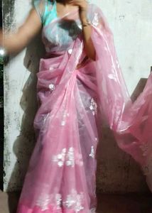 Pink Organza Saree with Floral Embroidery