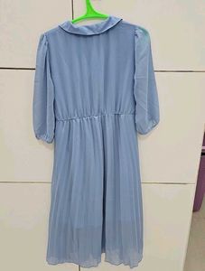 SASSAFRAS Blue Peterpan Pleated Belted Midi Dress