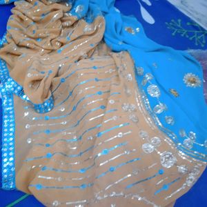 Blue &amp; Gold Embellished Saree