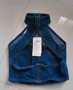 Blue Denim Halter Top with Zipper  By Freakins