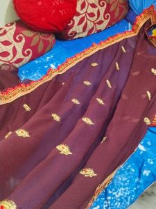 Woman  Embroidery Brown And Golden Saree