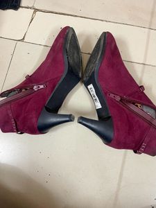 Maroon Pointed Heels Boots WIth Zip
