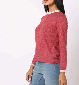 Red Long Sleeve Top with Lace Cuffs
