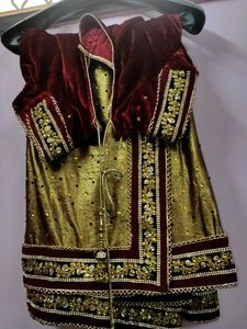 Golden- Red Saree With Designer Velvet Blouse