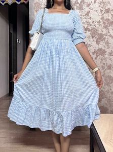 Light Blue Checked Calf Length Casual Women Slim F