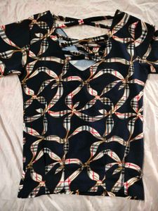 Navy Top with Unique Checkered Floral Pattern