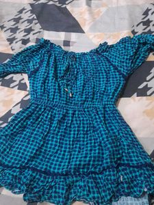 Blue Checked Off-Shoulder Dress