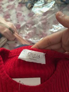 Red Ribbed Knit Short Sleeve Top