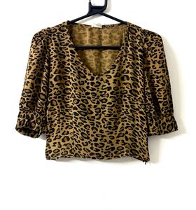 Leopard Print V-Neck Blouse With Side Zip