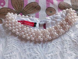 White Floral Top With Beautiful Pearl Neck