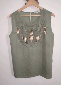 Heine Germany Embellished Olive Green Top