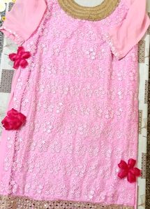 Pink Suit Set With Mirror Work &amp; Thread