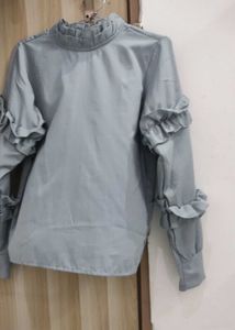 Blue Ruffled Long Sleeve Blouse