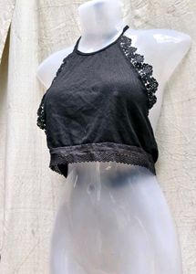 44156. Black Lace Trim Halter Top