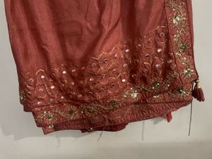 Peach Mirror Work Saree With Blouse.