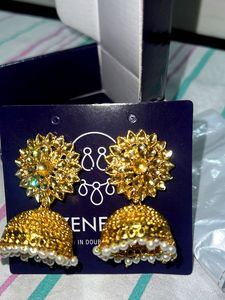 Gold Jhumka Earrings with Pearl Detail
