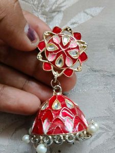 Red Enamel Jhumka Earrings