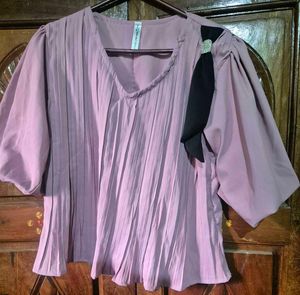 Mauve Pleated V-Neck Top with Bow Detail