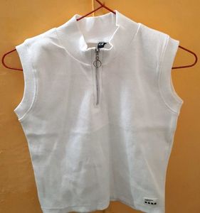 White Zip-Up Sleeveless Rib Knitted Tank Top