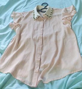 Pink Blouse w/ Embellished Collar