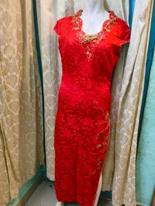 Elegant Red Embroidered Cheongsam Dress