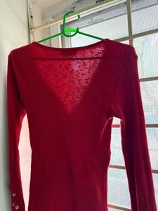 Red Ribbed Long Sleeve Top