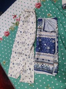 Elegant Cream &amp; Blue Printed Salwar Kameez