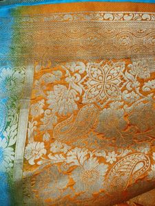 Stunning Orange &amp; Turquoise Blue Banarasi Silk Sar