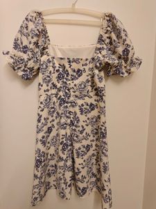 Kazo Blue Printed Mini Dress With Puff Sleeves