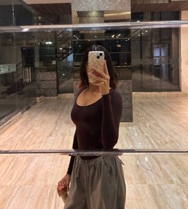 Soft Curve Neck Long Sleeve Top - Brown