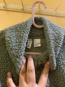 H&amp;M Fuzzy Gray Cropped Jacket + blue cardigan