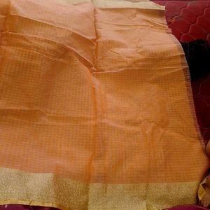 New Orange Golden Saree With Blouse Piece