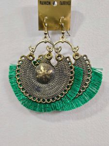 Green Tassel Statement Earrings