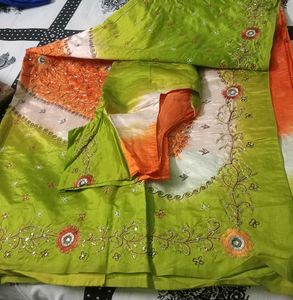 Vibrant Green &amp; Orange Ethnic Saree