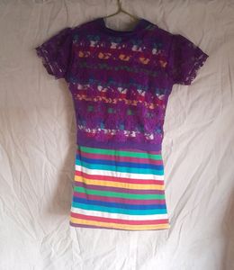 🌈Rainbow Stripes T-shirt Girls Top With Net Shrug