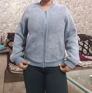 Denim Blue Color Woolen Jacket With Fur Look