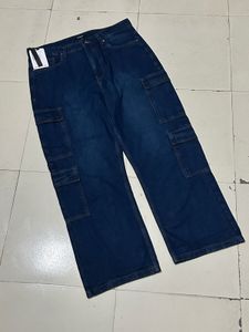 Men&#39;s Indigo Blue Washed Straight Fit CargoJeans